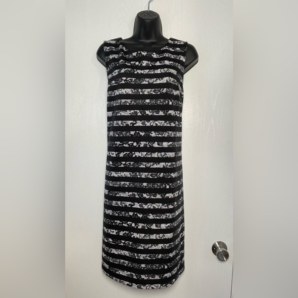 Worthington Floral Stripe Sheath Dress‎ Sleeveless Black White Polyester Spandex